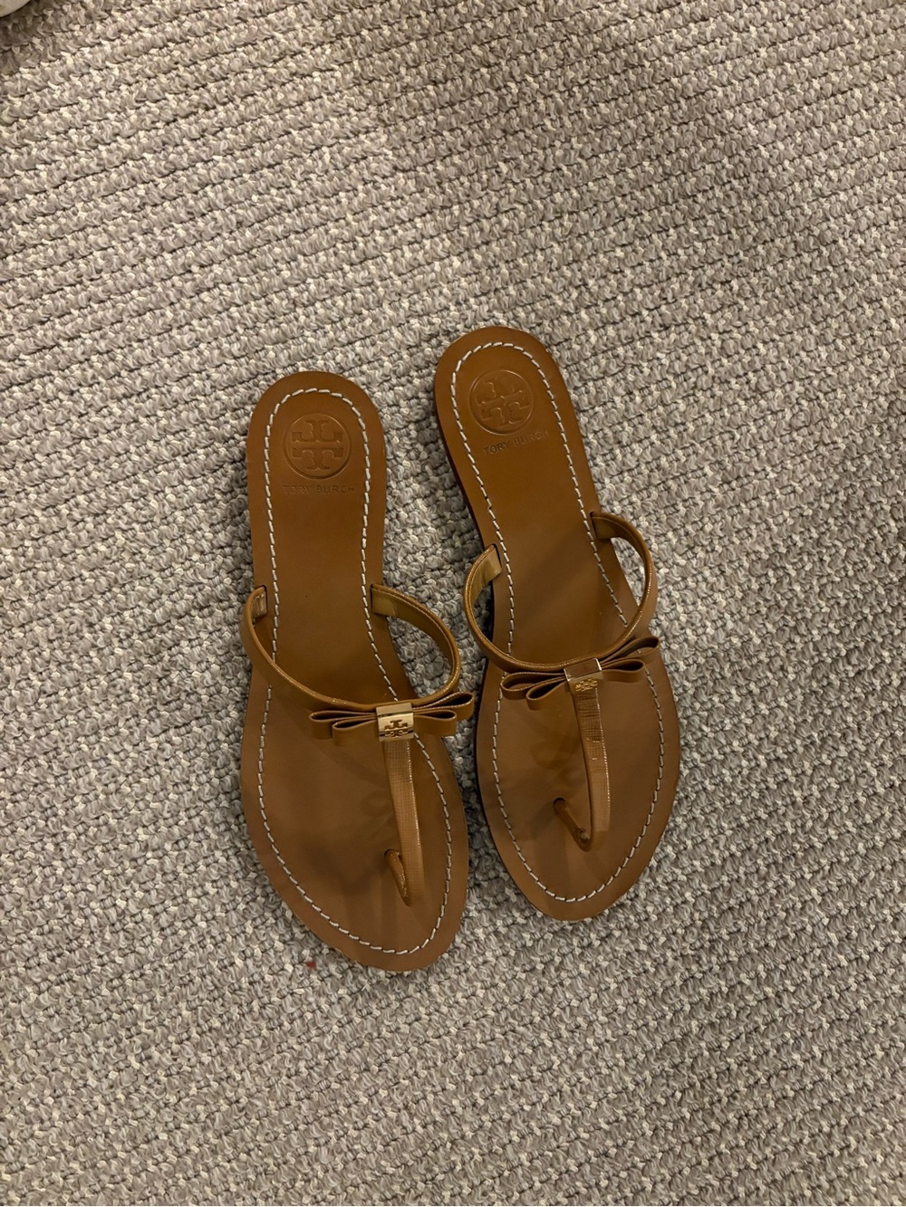 Tory Burch Tan Leather Knotted T-Strap Sandals